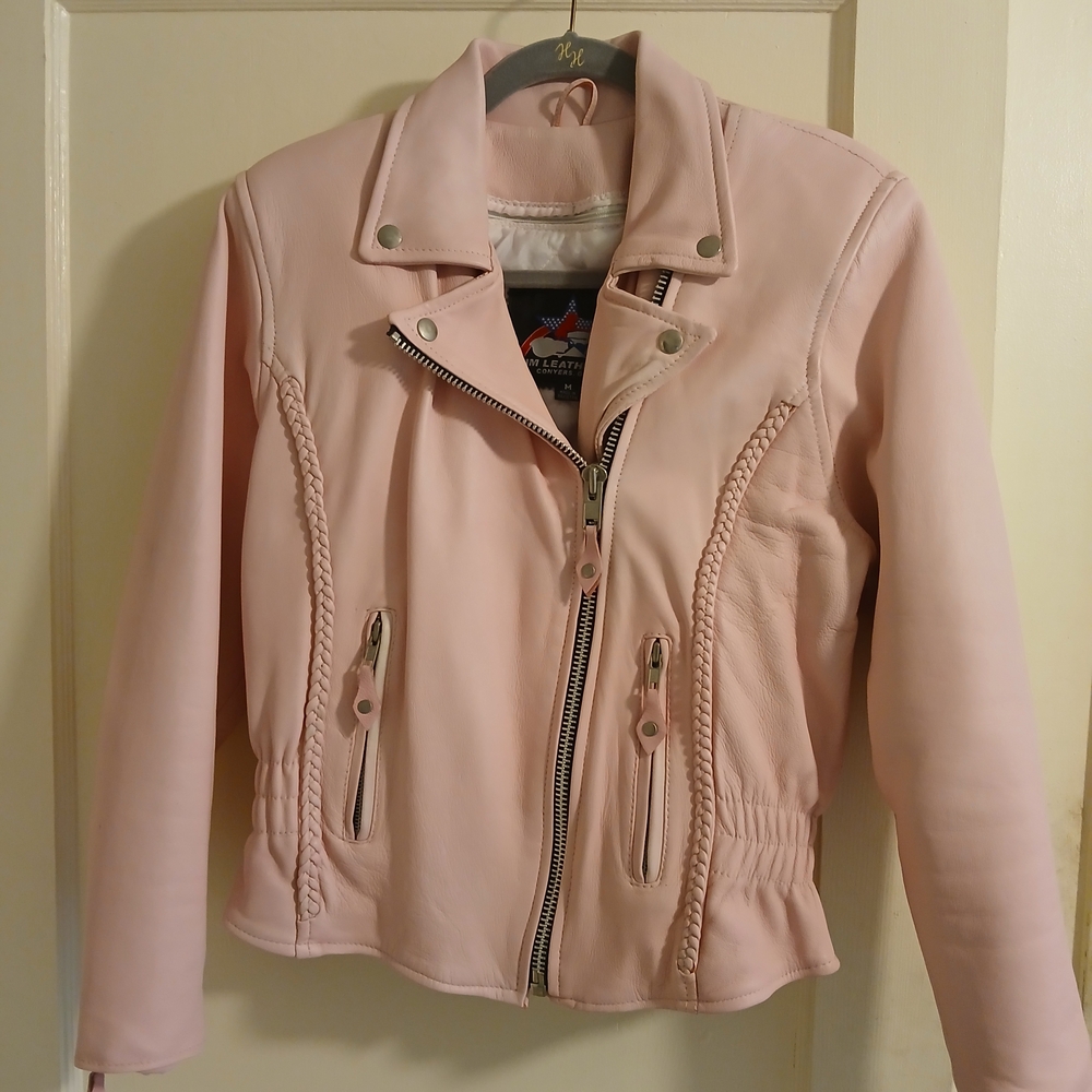 Jim Leather Inc. Chic Pink Leather Biker Jacket Womens Size M w/Braiding Design